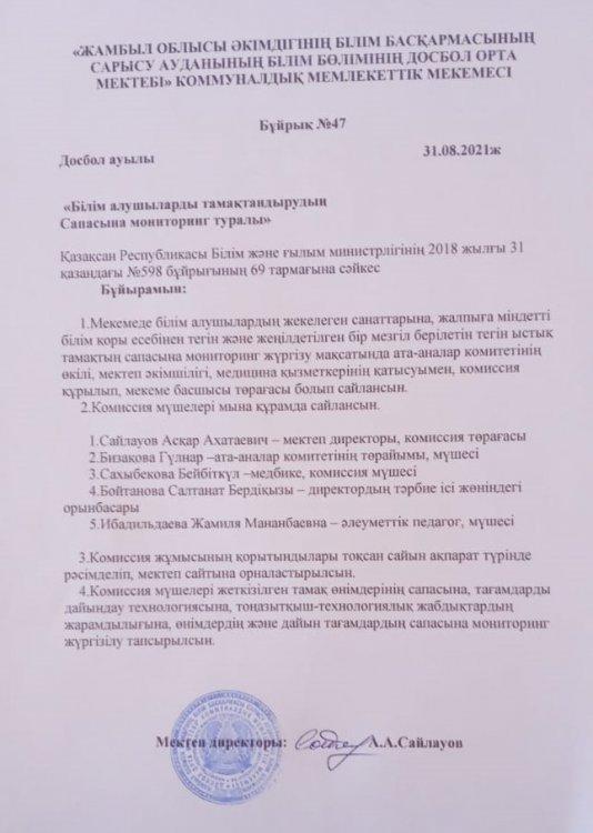 Білім алушыларды тамақтандырудың сапасына мониторинг туралы бұйрық