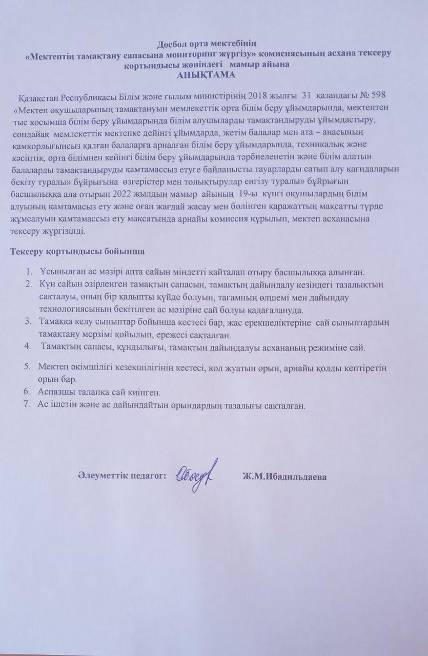 Мектептің тамақтану сапасына мониторинг жүргізу. Мамыр